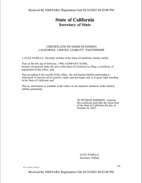 USA California certificate of good standing  Word and PDF template 